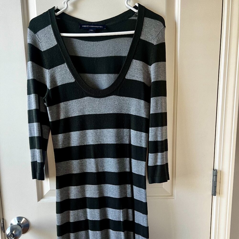French Connection Gray and Black Striped Sweater Dress